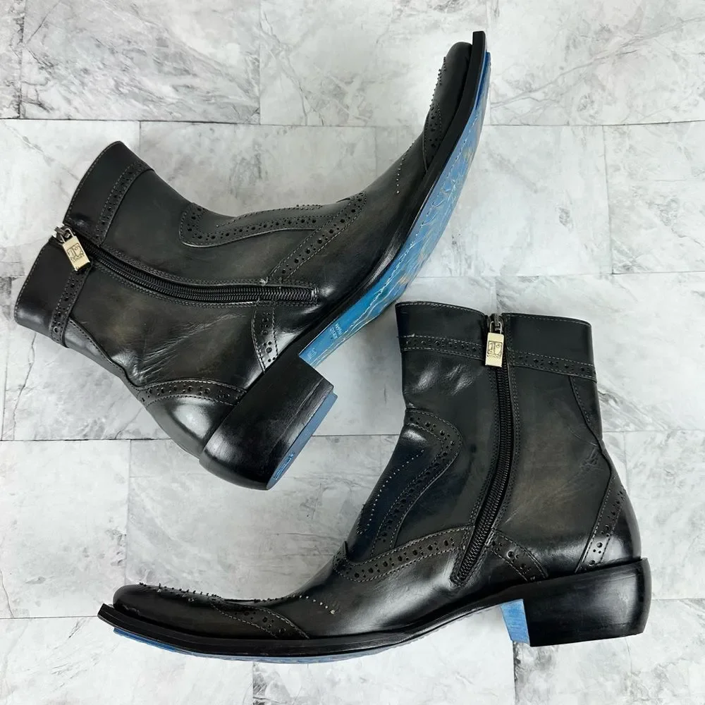 Black Leather Wingtip Ankle Boots with Side Zip
